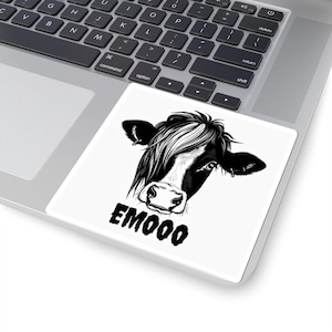 Funny Cow Kiss-Cut Stickers - EMOOO, Cow Lover Gift, Laptop Decor, Cute Farm Animal Art, Quirky Home Office Accessories, gothic fun