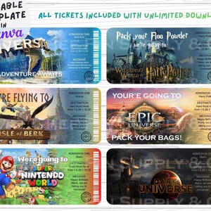 Puede incluir: Una colecci&oacute;n de seis dise&ntilde;os de boletos coloridos con varios temas, incluyendo Universal Studios, el Mundo M&aacute;gico de Harry Potter y Super Nintendo World. Cada boleto presenta gr&aacute;ficos y texto &uacute;nicos, como "Our Adventure Awaits" y "Pack Your Bags!"
