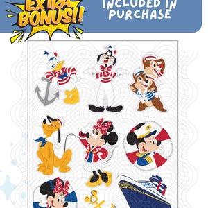 May include: A collection of Disney character stickers in nautical outfits. Donald Duck, Goofy, Chip and Dale, Pluto, and Minnie Mouse are featured. The image includes an anchor, a ship, and the text "EXTRA BONUS!!" and "INCLUDED IN PURCHASE".