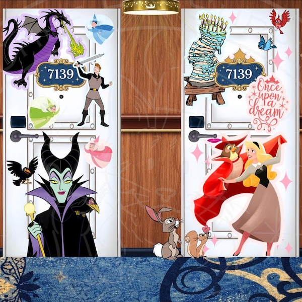 Decoraciones para puertas de cruceros de La Bella Durmiente / Recortes para fiestas de cumpleaños de Aurora (Plantilla editable de Canva)