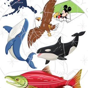 May include: Cartoon illustrations with an Alaskan theme. Depicted are a blue whale, a bald eagle, a killer whale, a red salmon, and a map of Alaska. Mickey Mouse is hang gliding. Text reads "BONUS DESIGNS!"