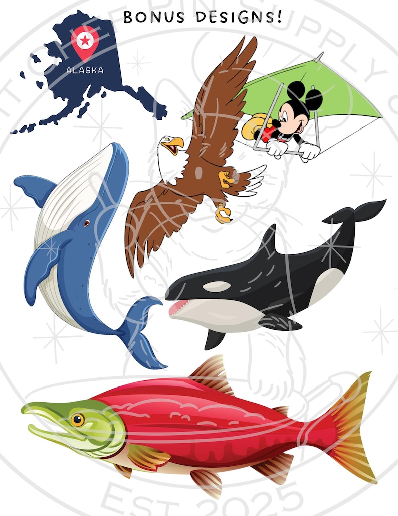 May include: Cartoon illustrations with an Alaskan theme. Depicted are a blue whale, a bald eagle, a killer whale, a red salmon, and a map of Alaska. Mickey Mouse is hang gliding. Text reads "BONUS DESIGNS!"