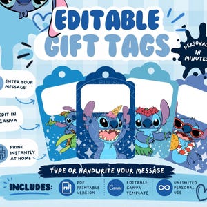 Puede incluir: Etiquetas de regalo azules con ilustraciones de Stitch. Las etiquetas tienen espacio para mensajes y el texto "EDITABLE GIFT TAGS". Se incluyen instrucciones para editar en Canva e imprimir en casa. También incluye el texto "PERSONALIZE IN MINUTES!"