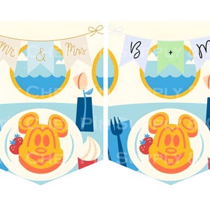 Op de afbeelding: Een grillige illustratie met een Mickey Mouse-vormige wafel op een bord, vergezeld van aardbeien en slagroom. De sc&egrave;ne omvat een banner met de tekst "Mr & Mrs" en een nautische achtergrond.