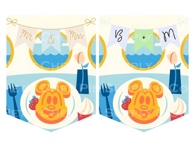 Op de afbeelding: Een grillige illustratie met een Mickey Mouse-vormige wafel op een bord, vergezeld van aardbeien en slagroom. De sc&egrave;ne omvat een banner met de tekst "Mr & Mrs" en een nautische achtergrond.