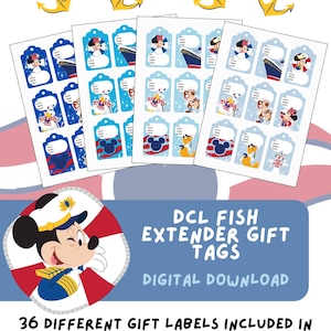 May include: A collection of gift tags featuring Disney characters and nautical themes. The tags are blue and white with images of Mickey Mouse, Minnie Mouse, and other characters. Text on the tags reads "To" and "From". The image also includes the text "DCL FISH EXTENDER GIFT TAGS DIGITAL DOWNLOAD".