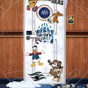 May include: A white door decorated with Disney characters, snowflakes, and the text "WONDER OF THE SEAS" and "WELCOME TO OUR FAMILY TIME". Mickey Mouse, Donald Duck, and Minnie Mouse are featured. The door has a porthole with "1998" on it.