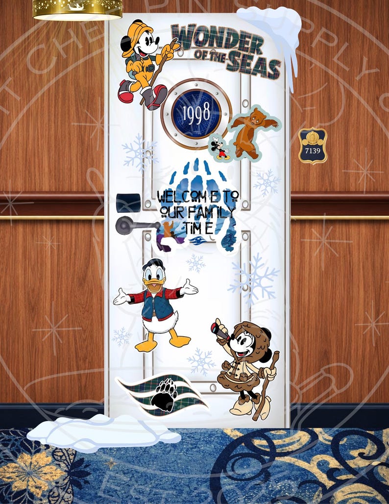 May include: A white door decorated with Disney characters, snowflakes, and the text "WONDER OF THE SEAS" and "WELCOME TO OUR FAMILY TIME". Mickey Mouse, Donald Duck, and Minnie Mouse are featured. The door has a porthole with "1998" on it.