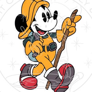 May include: A cartoon illustration of Mickey Mouse in a yellow outfit, helmet, and boots, carrying a backpack and a walking stick. The character is smiling and pointing with his right hand. The image has a white background with text that reads "CHEF PIN SUPPLY" and "EST 2025".