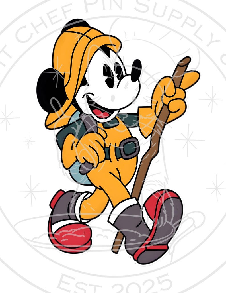 May include: A cartoon illustration of Mickey Mouse in a yellow outfit, helmet, and boots, carrying a backpack and a walking stick. The character is smiling and pointing with his right hand. The image has a white background with text that reads "CHEF PIN SUPPLY" and "EST 2025".