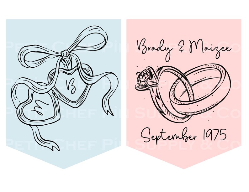 Op de afbeelding: Twee wimpelvormige banners. De linker banner is lichtblauw en heeft twee hartvormige hangers met de letters "M" en "B" en een strik. De rechter banner is roze en toont twee in elkaar grijpende ringen en de tekst "Brady & Maizee September 1975."