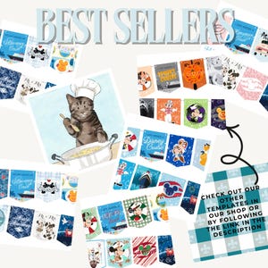 Op de afbeelding: Een collage van decoratieve banners met verschillende ontwerpen, waaronder Disney Cruise-thema's en Halloween-motieven. In het midden staat een aquarelillustratie van een kokkat. De tekst "BEST SELLERS" staat bovenaan. De tekst "CHECK OUT OUR OTHER TEMPLATES IN OUR SHOP OR BY FOLLOWING THE LINK IN THE DESCRIPTION" staat onderaan.