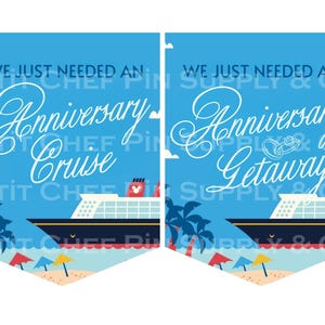 Op de afbeelding: Twee wimpelvormige banners met een blauwe luchtachtergrond. E&eacute;n banner leest "Anniversary Cruise" en de andere "Anniversary Getaway". Beide tonen een cruise-illustratie, palmbomen en strandparasols.