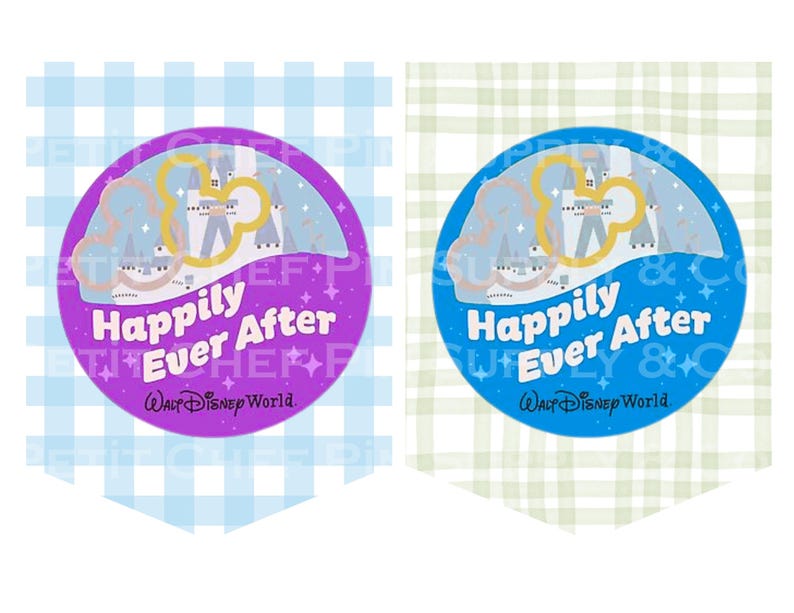 Op de afbeelding: Twee wimpelvormige banners met een cirkelvormig ontwerp. E&eacute;n banner heeft een paarse cirkel met de tekst "Happily Ever After" en een kasteelillustratie. De andere banner heeft een blauwe cirkel met dezelfde tekst en illustratie. Beide banners hebben het "Walt Disney World"-logo.