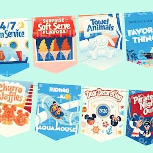 Puede incluir: Un conjunto de ocho banderines decorativos con ilustraciones coloridas y texto relacionado con actividades de crucero, incluyendo 24/7 Room Service, Soft Serve Flavors, Towel Animals, Favorite Things, Churro Waffles, AquaMouse, Door Decorating y Pirate Night Outfits.