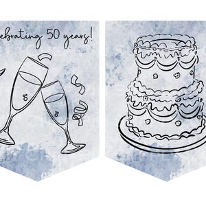 Op de afbeelding: Een banner met een aquarel achtergrond met een feestelijk ontwerp. De linkerkant toont twee champagneglazen die klinken, met de tekst "Celebrating 50 years!". De rechterkant toont een drielaagse taart met decoratieve glazuur.