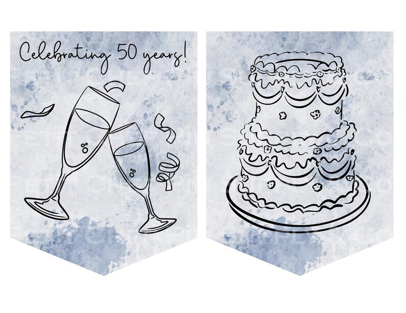 Op de afbeelding: Een banner met een aquarel achtergrond met een feestelijk ontwerp. De linkerkant toont twee champagneglazen die klinken, met de tekst "Celebrating 50 years!". De rechterkant toont een drielaagse taart met decoratieve glazuur.