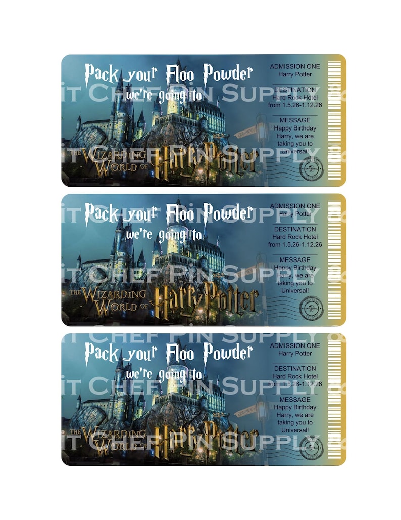 Puede incluir: Tres entradas tem&aacute;ticas de Harry Potter. Cada entrada presenta una ilustraci&oacute;n de un castillo, el texto "Pack your Floo Powder" y "The Wizarding World of Harry Potter". El texto adicional incluye "Admission One", "Destination: Hard Rock Hotel" y un mensaje de cumplea&ntilde;os.