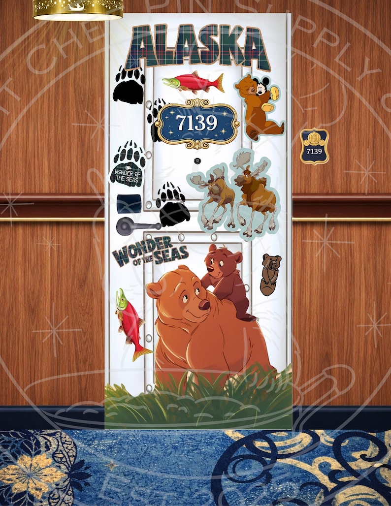 May include: A decorative door panel with an Alaska theme. The design includes the word "Alaska" in plaid lettering, cartoon bears, moose, fish, and paw prints. The number "7139" is displayed on a blue and gold plaque. The words "Wonder of the Seas" are also present.