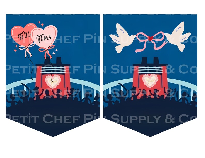 Op de afbeelding: Twee marineblauwe wimpelbanners met huwelijksthema-illustraties. E&eacute;n banner toont hartvormige ballonnen met de tekst "Mr." en "Mrs.". De andere toont duiven met een roze lint. Beide hebben een rode structuur met een hart en het woord "Forever".