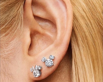 Sparkling Mickey and Minnie Mouse-Inspired Stud Earrings • Sterling Silver CZ Studs • Oval & Round Cut Cubic Zirconia • Gift for Disney Fans