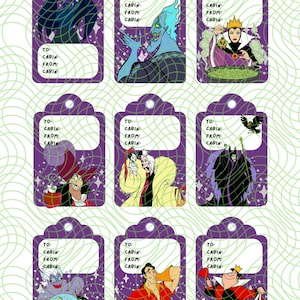 Pode incluir: Nove etiquetas de presente roxas com ilustrações de vilões da Disney. Cada etiqueta tem um topo recortado com um buraco e o texto "TO: CABIN FROM: CABIN". Os vilões incluem Hades, a Rainha Má e Ursula.