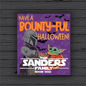 May include: A rectangular purple sign featuring a Mandalorian character and a small green creature inside a pumpkin. The text reads HAVE A BOUNTY-FUL HALLOWEEN! THE SANDERS FAMILY ROOM 5032. Black bats are scattered across the purple background.