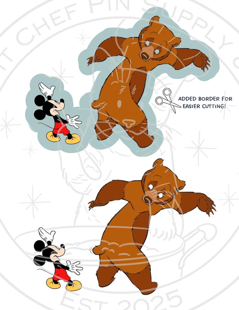 May include: Two cartoon images. One features Mickey Mouse in red shorts, yellow shoes, white gloves, and a black body. The other shows a brown bear with a light brown snout and a light blue outline. Text reads "ADDED BORDER FOR EASIER CUTTING!"