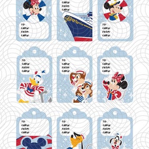 May include: Nine light blue gift tags with Disney characters in nautical outfits. Each tag has the words "TO: CABIN, FROM: CABIN, CABIN:" printed on it. Characters include Mickey, Minnie, Donald, Chip, Dale, and Pluto.