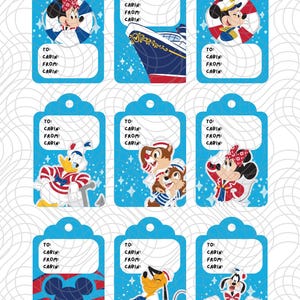 May include: Nine blue cruise-themed gift tags with various Disney characters, including Mickey Mouse, Minnie Mouse, Donald Duck, Chip and Dale, and Pluto. Each tag has a blue background with white text fields for "To", "Cabin", "From", and "Cabin".