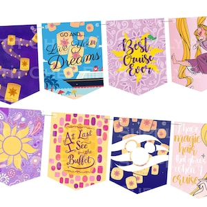 May include: A set of pennant banners with different designs and text. The banners feature images of floating lanterns, a cruise ship, and a sun. Text includes "Live Your Dreams", "Best Cruise Ever", and "At Last I See the Buffet".