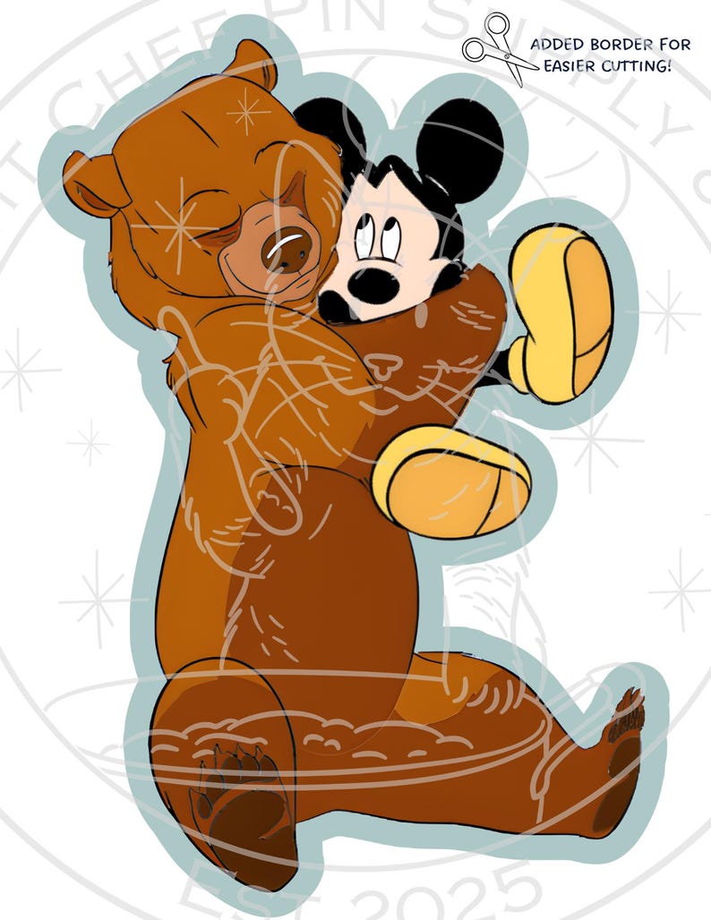 May include: A cartoon illustration of a brown bear hugging Mickey Mouse. Mickey Mouse is in black, white, and red. The bear is brown with a light brown muzzle. The image has a light blue border with the text "ADDED BORDER FOR EASIER CUTTING!"