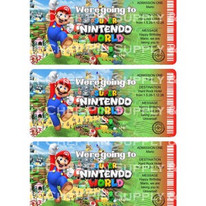 Puede incluir: Tres boletos coloridos con el tema Super Nintendo World. Cada boleto presenta a Mario, el texto "We're going to Super Nintendo World" y detalles de destino y mensaje. Los boletos tienen un esquema de color rojo y verde.