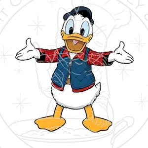 May include: A cartoon illustration of Donald Duck with his arms outstretched. He wears a black cap, a blue quilted vest over a red plaid shirt, and a white shirt. His beak is open, and he has a friendly expression.
