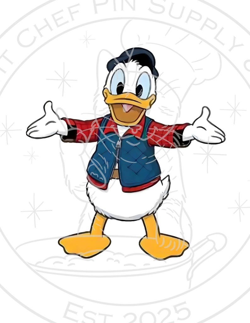 May include: A cartoon illustration of Donald Duck with his arms outstretched. He wears a black cap, a blue quilted vest over a red plaid shirt, and a white shirt. His beak is open, and he has a friendly expression.