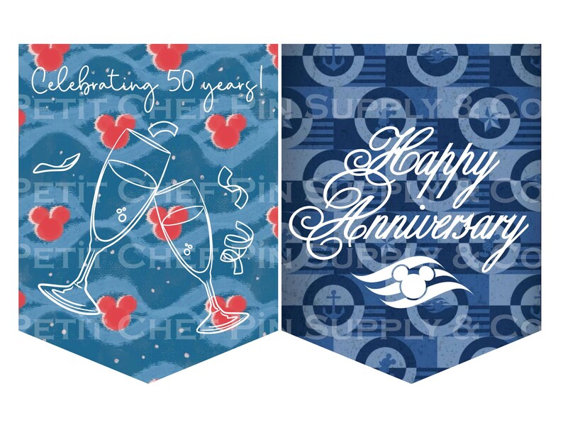 Op de afbeelding: Twee blauwe wimpelbanners met witte tekst en afbeeldingen. E&eacute;n banner zegt "Celebrating 50 years!" met champagneglazen en Mickey Mouse-vormen. De andere zegt "Happy Anniversary" met een Mickey Mouse-logo.