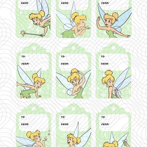 Pode incluir: Nove etiquetas de presente verdes com ilustrações da Sininho em várias poses. Cada etiqueta tem um fundo verde claro com espaço branco para "PARA:" e "DE:". As etiquetas têm uma parte superior ondulada.