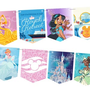 Puede incluir: Un conjunto de ocho banderines decorativos con ilustraciones de princesas de Disney e imágenes de cruceros. Los banderines muestran personajes como Rapunzel, Jasmine, Cenicienta y Tiana, junto con un banderín que dice "Our Stateroom is Our Royal Retreat".