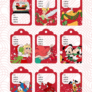 May include: Nine red gift tags with various Disney characters and holiday themes. Each tag has a space to write "To", "Cabin", and "From", "Cabin". Characters include Winnie the Pooh, Tinkerbell, Mickey and Minnie Mouse, and Donald Duck.