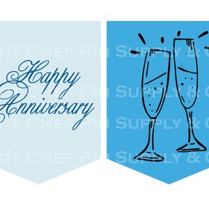Op de afbeelding: Twee wimpelvormige banners. E&eacute;n lichtblauwe banner met de woorden "Happy Anniversary" in donkerblauwe letters. De andere banner is blauw met twee zwart getekende champagneglazen.