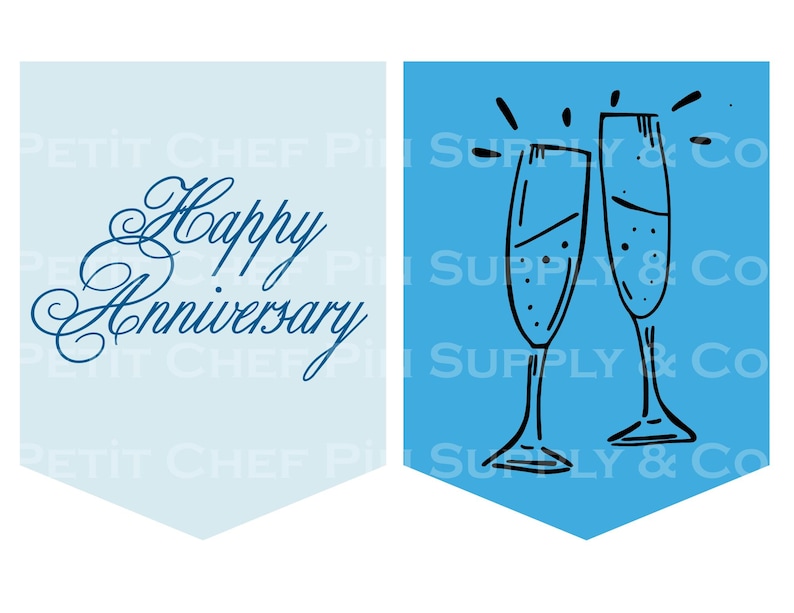 Op de afbeelding: Twee wimpelvormige banners. E&eacute;n lichtblauwe banner met de woorden "Happy Anniversary" in donkerblauwe letters. De andere banner is blauw met twee zwart getekende champagneglazen.