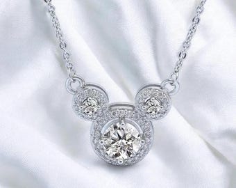 Mickey Silhouette Necklace | 925 Silver Plated Pendant | Hand-Inlaid CZ | Disney Inspired Jewelry Gift