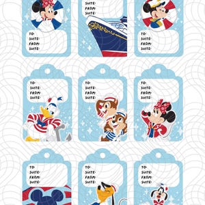 May include: Nine light blue gift tags with various Disney characters, including Mickey and Minnie Mouse, Donald Duck, Chip and Dale, and Pluto. Each tag has a white space for writing and the words "TO: SUITE: FROM: SUITE:" printed on it.