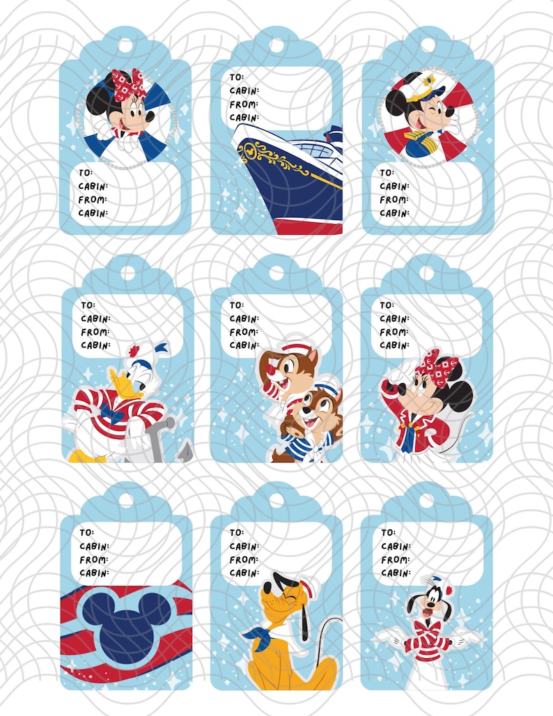May include: Nine light blue gift tags with Disney characters in nautical outfits. Characters include Mickey and Minnie Mouse, Donald Duck, Chip and Dale, Pluto, and Goofy. Each tag has space to write "To", "Cabin", "From", and "Cabin".