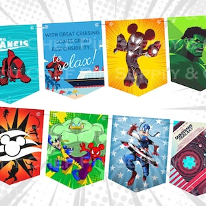 Puede incluir: Un conjunto de ocho banderines de colores con varios personajes de cómics y dibujos animados. Los diseños incluyen a Deadpool, Iron Man, Hulk, Capitán América y Guardianes de la Galaxia. El texto incluye "Finding Francis".