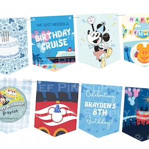 May include: A festive banner featuring various birthday-themed pennants. Designs include a cake, Mickey Mouse, cruise ship, and the text "Happy Birthday! Brayden" and "Celebrating Brayden's 8th Birthday!"