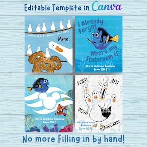 以下が含まれることがあります： ディズニー/ファインディング・ニモをテーマにした4つの正方形テンプレート。各テンプレートには、ドリー、ニモ、カモメなどのキャラクターが登場し、「Mine」や「Where my Stateroom is?」などのフレーズが使用されています。上部のテキストは「Canvaで編集可能なテンプレート」と表示されています。