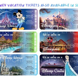 Puede incluir: Seis coloridos boletos de vacaciones de Disney con destinos como Disney World, Disneyland, Aulani y Disney Cruise. Cada boleto tiene un dise&ntilde;o &uacute;nico con im&aacute;genes de Mickey Mouse, castillos y cruceros. El texto en los boletos incluye "We're going to" y "Happy Birthday Mickey!"
