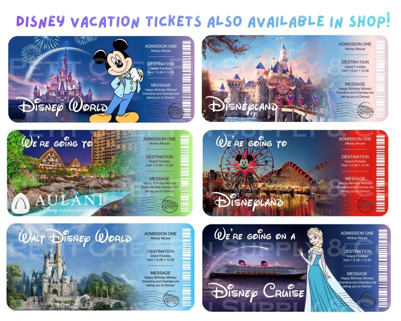 Puede incluir: Seis coloridos boletos de vacaciones de Disney con destinos como Disney World, Disneyland, Aulani y Disney Cruise. Cada boleto tiene un dise&ntilde;o &uacute;nico con im&aacute;genes de Mickey Mouse, castillos y cruceros. El texto en los boletos incluye "We're going to" y "Happy Birthday Mickey!"