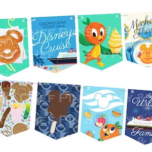 Op de afbeelding: Een set van acht wimpelvormige banners met Disney-illustraties. De banners tonen afbeeldingen van Mickey Mouse-vormige pretzels, ijs en cruiseschepen, met tekst als "Calories Don't Count" en "Mickey Shaped."